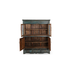 Wooden cabinet with open doors on a white background