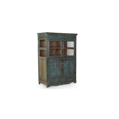 Vintage-style wooden cabinet with a distressed finish on a white background
