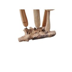 Set of 4 mushrooms made of teak wood on a teak root base. 3 of the mushrooms are tall with flat head, the fourth being smaller with unopened head. Showing the teak root base.
