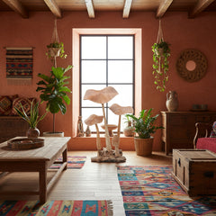 Decorative mushroom sculpture in a rustic living room