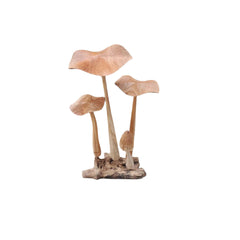 Set of 4 mushrooms made of teak wood on a teak root base. 3 of the mushrooms are tall with flat head, the fourth being smaller with unopened head.
