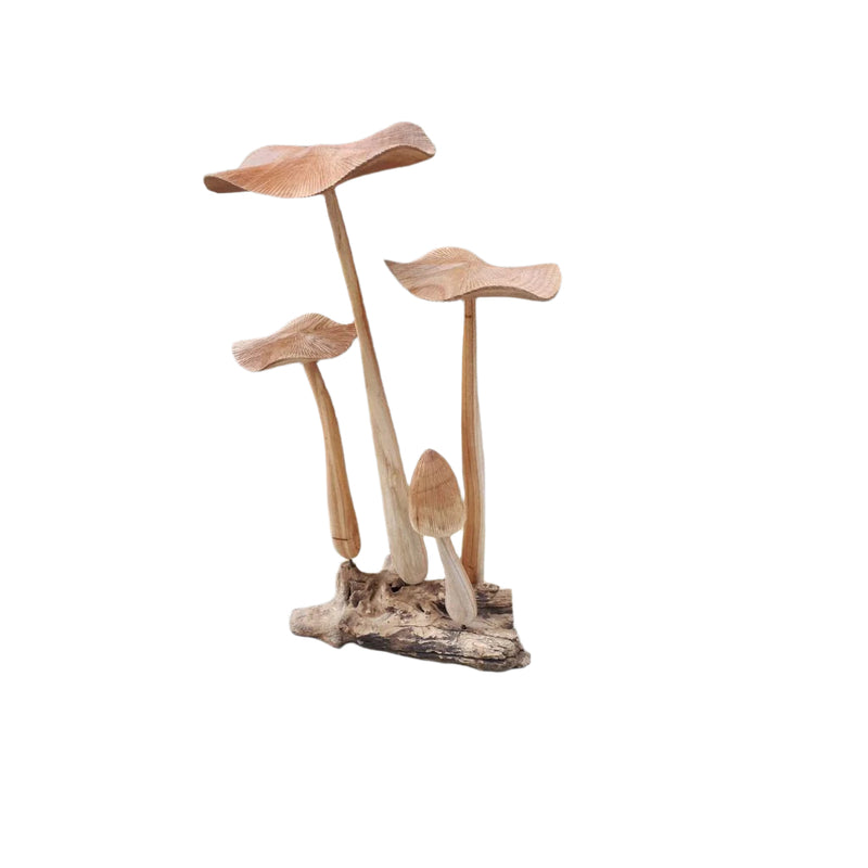 Set of 4 mushrooms made of teak wood on a teak root base. 3 of the mushrooms are tall with flat head, the fourth being smaller with unopened head.