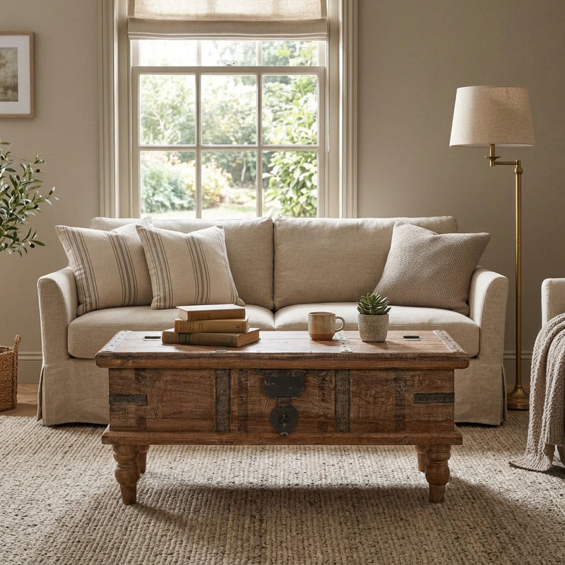 natural wood small trunk on legs with a big latch in a living room as a coffee table
