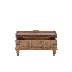 Vintage natural wood small narrow trunk on ornate legs with etal casings & latch, showing the top open.