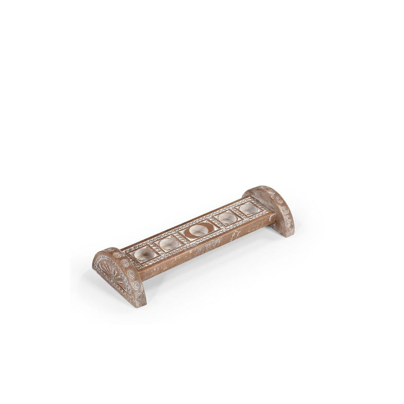 Handcarved natural wood 5 tealights holder with a white wash, long narrow with 2 half circles on each ends.