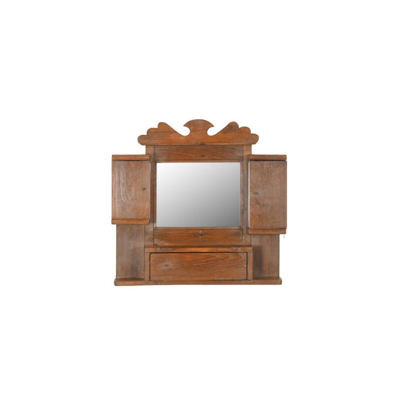 Vintage light tek wood wall cabinet which has a mirror in the middle, 2 small closed compartments on each side and one under the mirror. The top of the mirror is ornate.