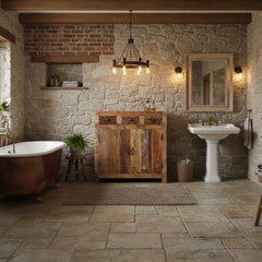 small reclaimed wood console in a large bathroom