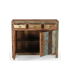 Side dresser made of coloured reclaimed wood with 3 drawers & 2 doors openview