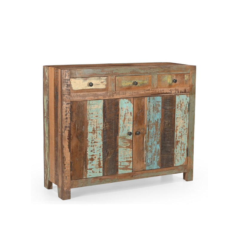 Side dresser made of coloured reclaimed wood with 3 drawers & 2 doors sideview