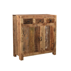 Wooden cabinet with two doors and three drawers on a white background