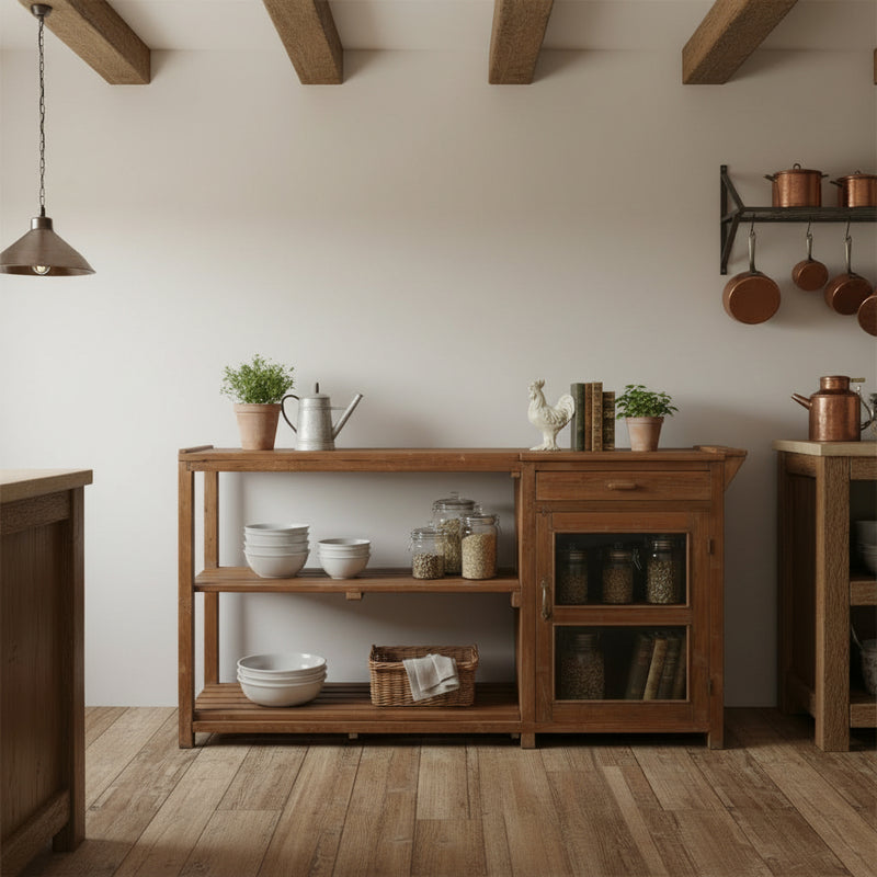 A rustic brown wooden sideboard cabinet with three open shelves on the left and a right side featuring a single drawer and a glass-front lower cabinet, shown against a plain white background.