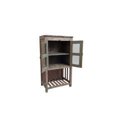 Wooden cabinet with open doors on a white background