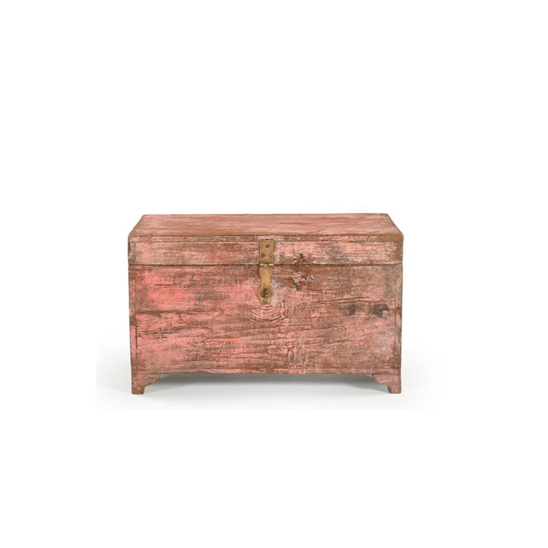 Vintage teak wood trunk distressed pink with brass hatch frontview