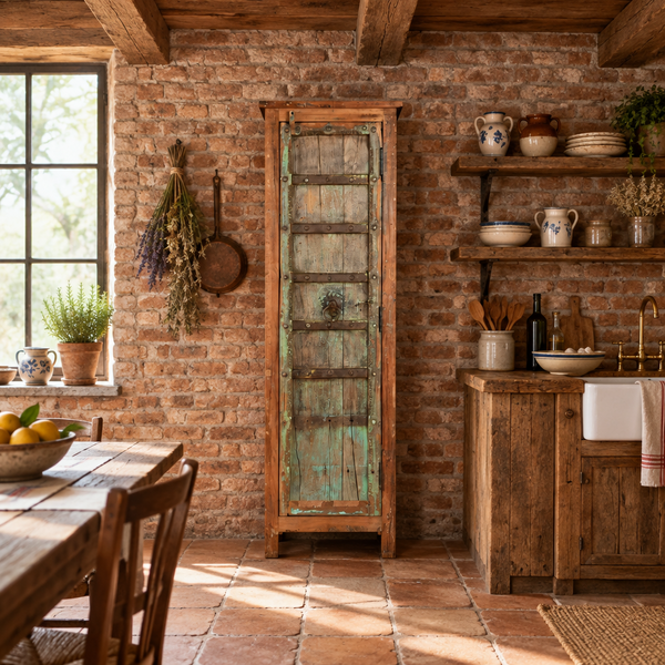 A rustic, narrow wooden cabinet with a weathered green and brown distressed finish, featuring a paneled door and metal hardware, shown against a plain white background.