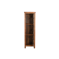 A tall, narrow wooden cabinet with a single open door and three interior shelves, shown against a plain white background.