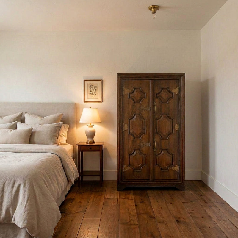 vintage teak cabinet natural in a bedroom beside a bed 