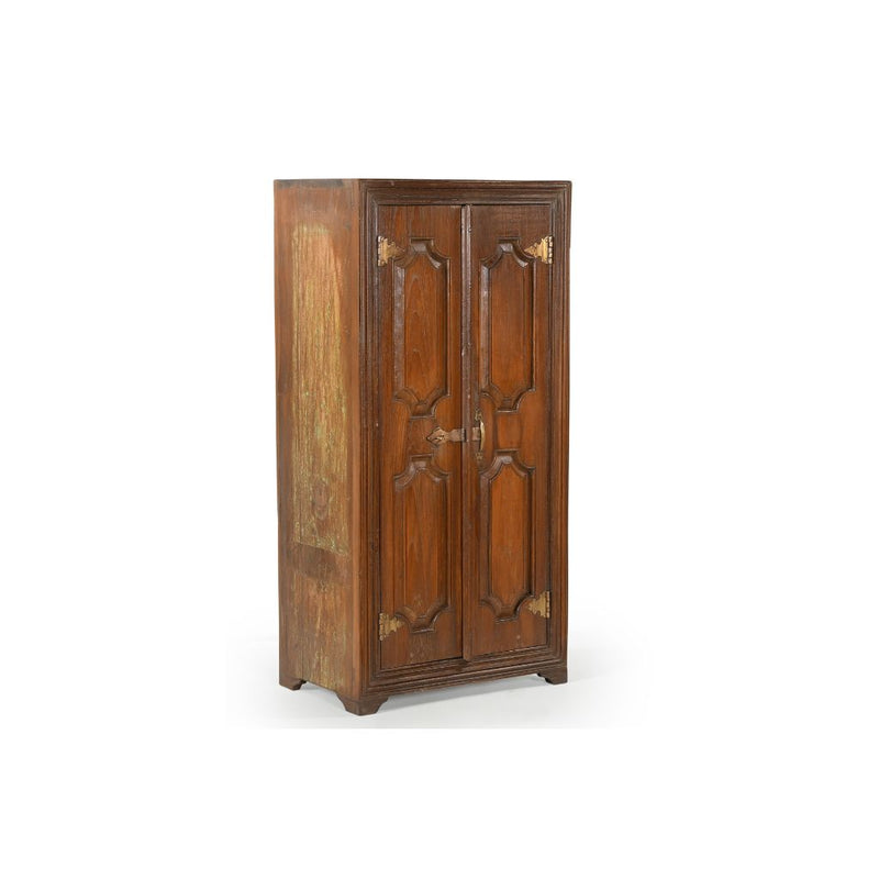 Vintage Natural wood cabinet featuring 2 doors embellished with architrave & brass hinges side view