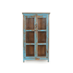 Teak vintage glass cabinet painted in light blue with glass panels on each side and glass double doors. Showing the front view of the double door made of 3 glass panels.