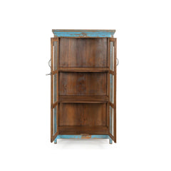 Teak vintage glass cabinet painted in light blue with glass panels on each side and glass double doors. Showing the doors open revealing 2 inner shelves in natural wood.