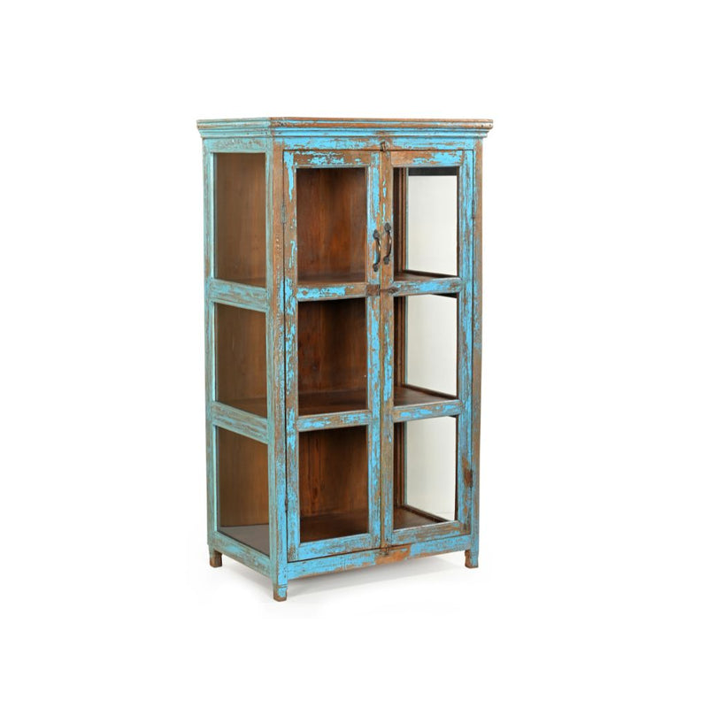 Teak vintage glass cabinet painted in light blue with glass panels on each side and glass double doors.