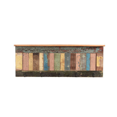 Reclaimed coloured wood panel with small shelf on top & 5 small hooks at the bottom