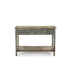 Vintage teak distressed blue grey patina console table with 3 top drawers & a bottom shelf, showing the frontview.