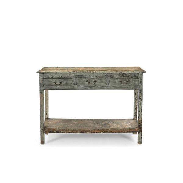 Vintage teak distressed blue grey patina console table with 3 top drawers & a bottom shelf, showing the frontview.