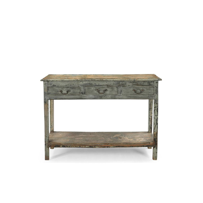 Vintage teak distressed blue grey patina console table with 3 top drawers & a bottom shelf, showing the frontview.