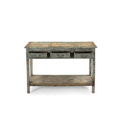 Vintage teak distressed blue grey patina console table with 3 top drawers & a bottom shelf, showing the drawers open.