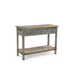 Vintage teak distressed blue grey patina console table with 3 top drawers & a bottom shelf, showing the sidetview.