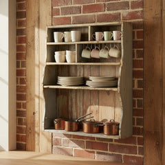rustic shelving rack in a kitchen