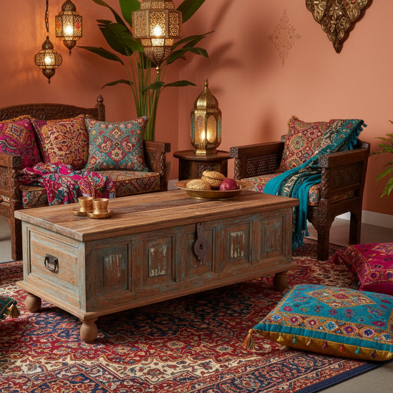Wooden storage trunk with distressed blue panel n an exotic style living room as a coffee table