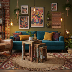 nest of 3 reclaimed wood coffee table table in an eclectic living room