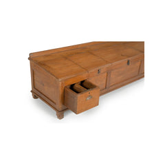 Teak low console with 3 compartments with top openings plus one drawer, showing drawer open revealing 2 compartments