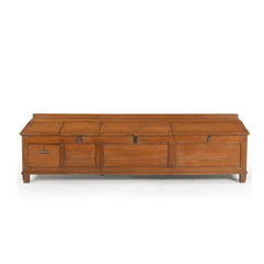 Teak low console with 3 compartments with top openings plus one drawer front view 