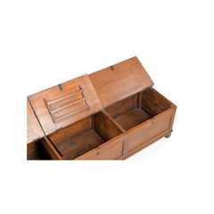 Teak low console with 3 compartments with top openings, showing 2 tops open