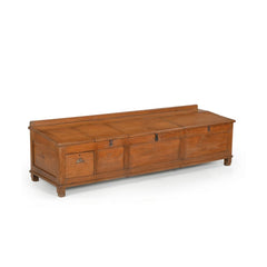 Teak low console with 3 compartments with top openings plus one drawer side view 