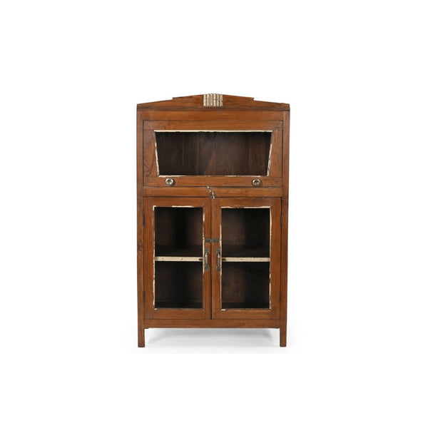 Wooden vintage glass cabinet with glass doors on a white background