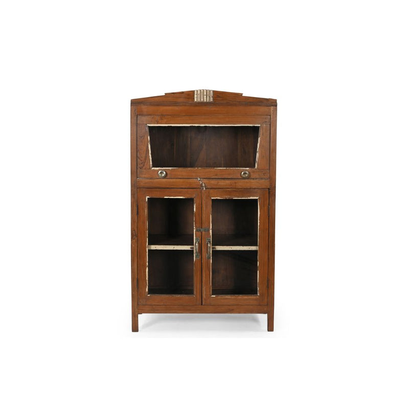Wooden vintage glass cabinet with glass doors on a white background