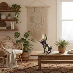 white recycled metal rabbit in a bohemian interior on a coffee table