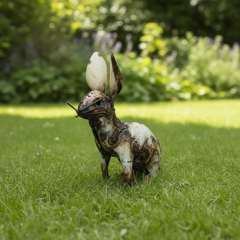 white recycled metal rabbit on a grassy area