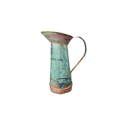 Light blue vintage jug/broc made of recycled metal container showing writing on right side