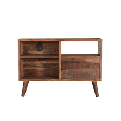 reclaimed wood tv unit console with 3 open compartments and 1 compartment with a door front view