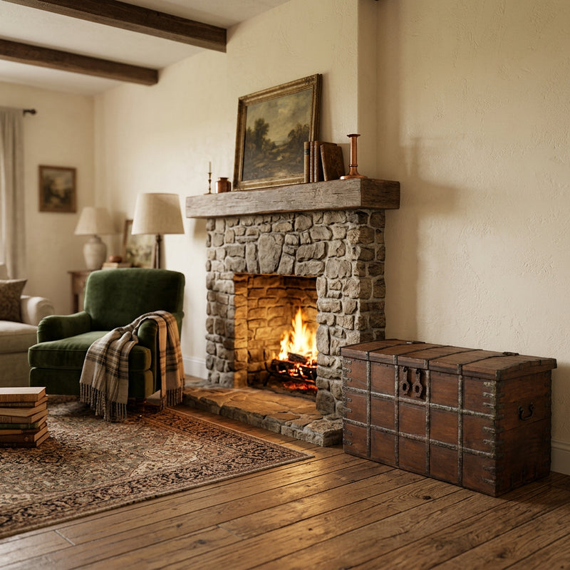 Wooden chest with metal accents in a living room