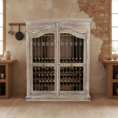 Wood cabinet with wine rack and wine glasses in a rustic style kitchen