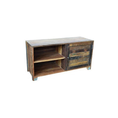 medium size tv unit reclaimed natural with two open shelves and one compartment with a door side viewood