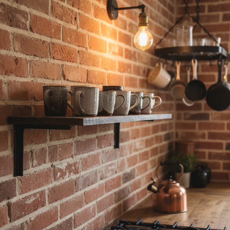 reclaimed sadal wood and metal brakets on a brick wall in a rustic style kitchen