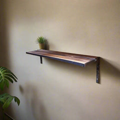 Reclaimed wood shelf with black metal casing & black metal brackets on a grey wall, showing the side of the shelf with a plant on it.