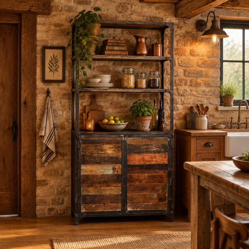 A rustic industrial-style storage cabinet with a two-door wooden lower section, a wooden top surface, and an open three-shelf upper frame, constructed from reclaimed wood and dark metal.
