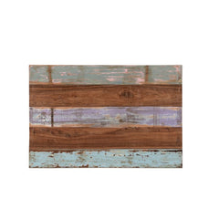 Rectangular Table made of coloured reclaimed wood showing 2 planks f natural wood, 2 planks of aqua green and 1 plank of liht purple